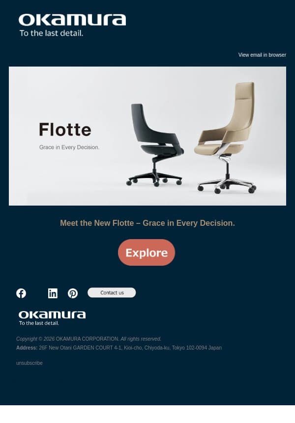 Hi , Meet the New Flotte – Grace in Every Decision. email from Okamura screenshot