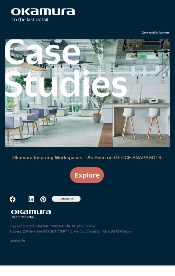 Hi , Okamura Inspiring Workspaces – As Seen on OFFICE SNAPSHOTS. email from Okamura screenshot