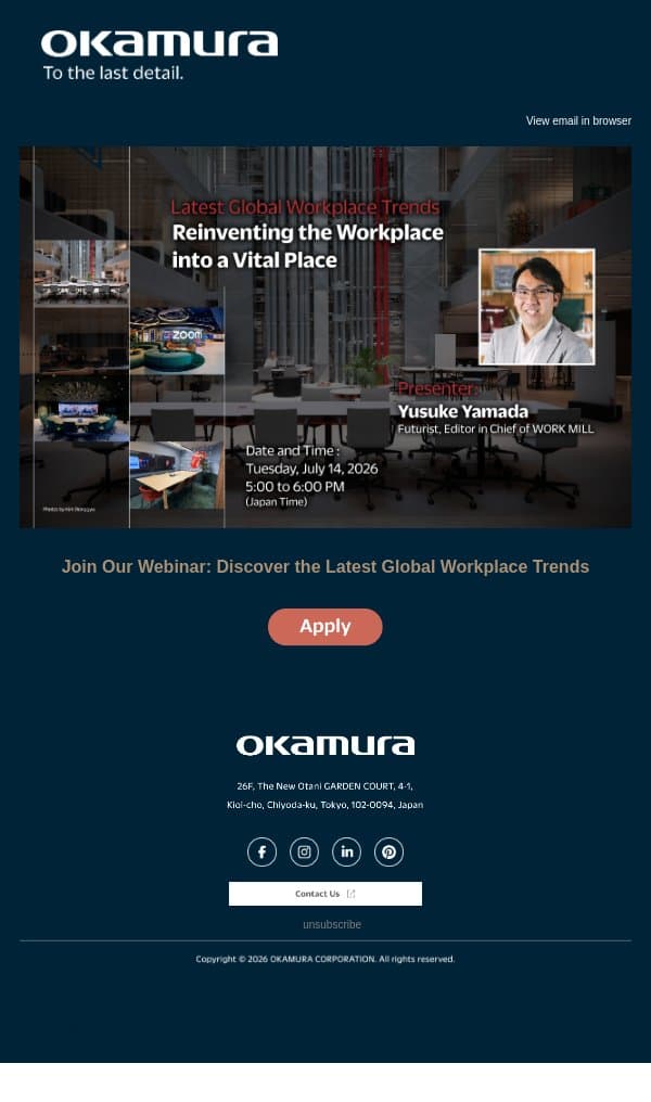 Hi , Join Our Webinar: Discover the Latest Global Workplace Trends email from Okamura screenshot