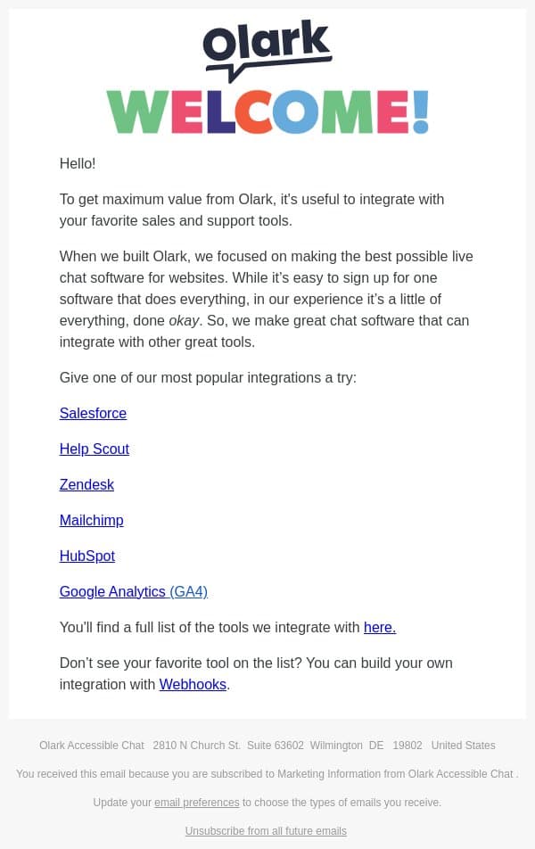 Get more from Olark with Integrations email from Olark screenshot