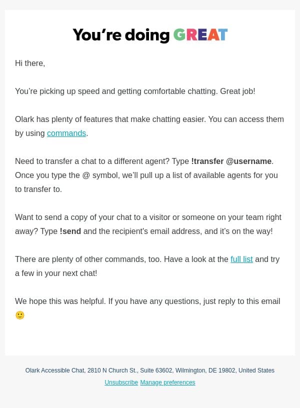 Your (chat) wishes are Olark's Commands! ✨ email from Olark screenshot