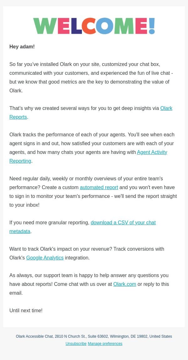 Reporting for Duty: Valuable Customer Insights! email from Olark screenshot