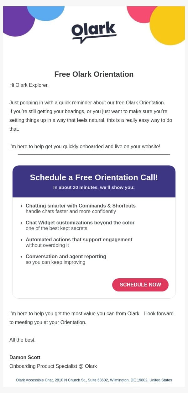 Quick reminder: your free Olark orientation email from Olark screenshot