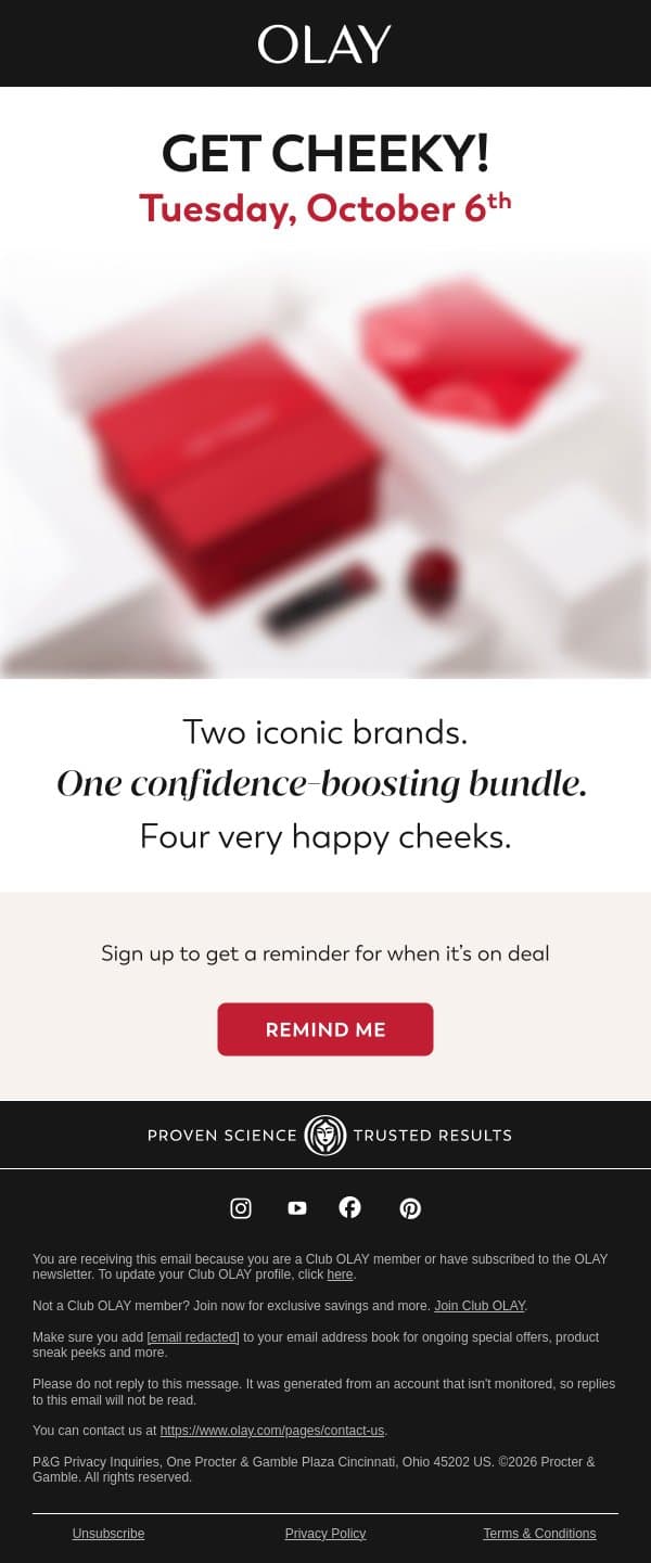 Something Cheeky Is Coming! email from Olay screenshot