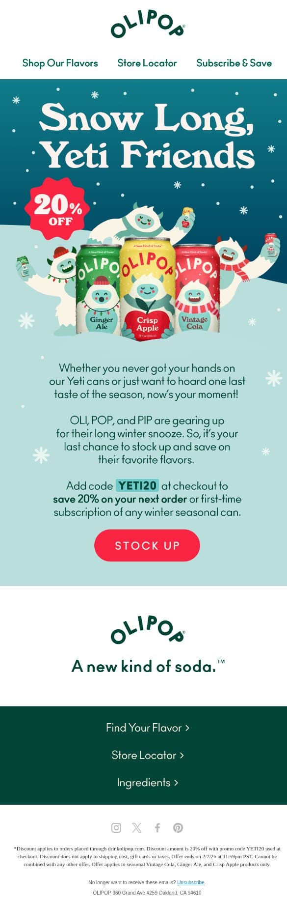 The Yetis are Headed for Hibernation 💤 email from Olipop screenshot