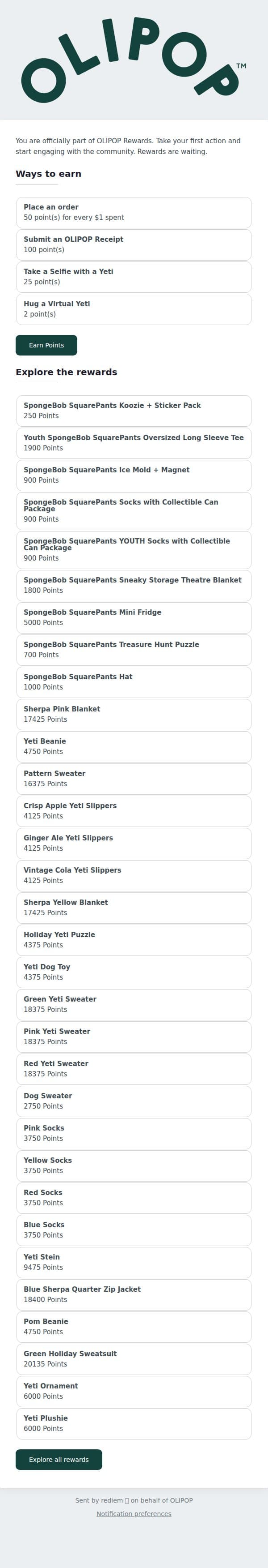 Welcome to OLIPOP Rewards! email from Olipop screenshot