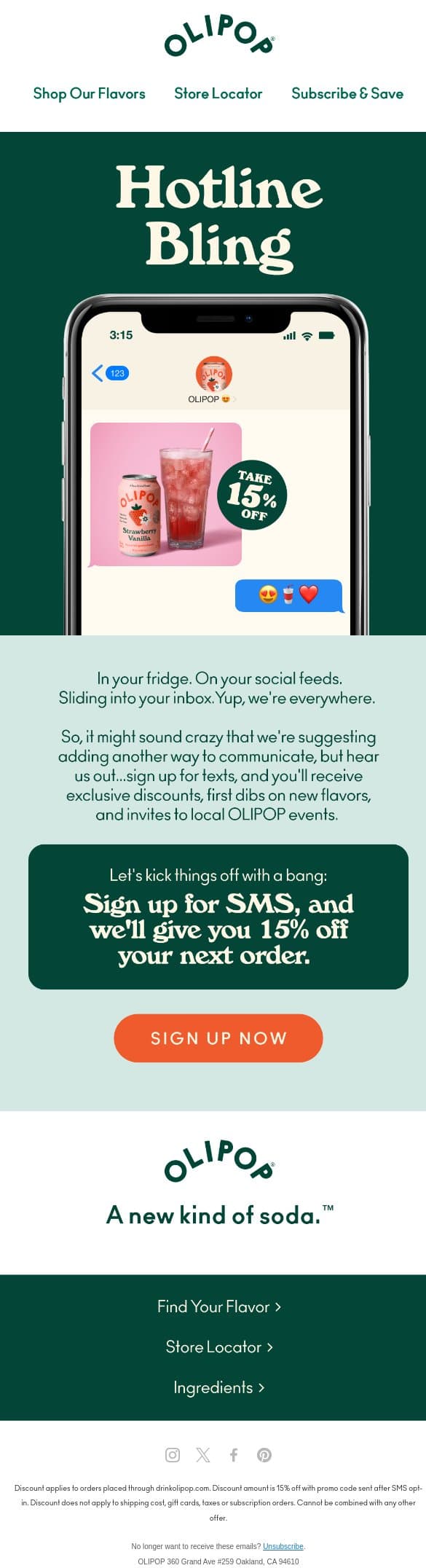 1-800-let's text📱 email from Olipop screenshot