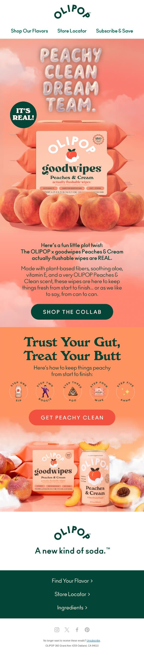 OLIPOP x goodwipes is REAL 🍑 email from Olipop screenshot