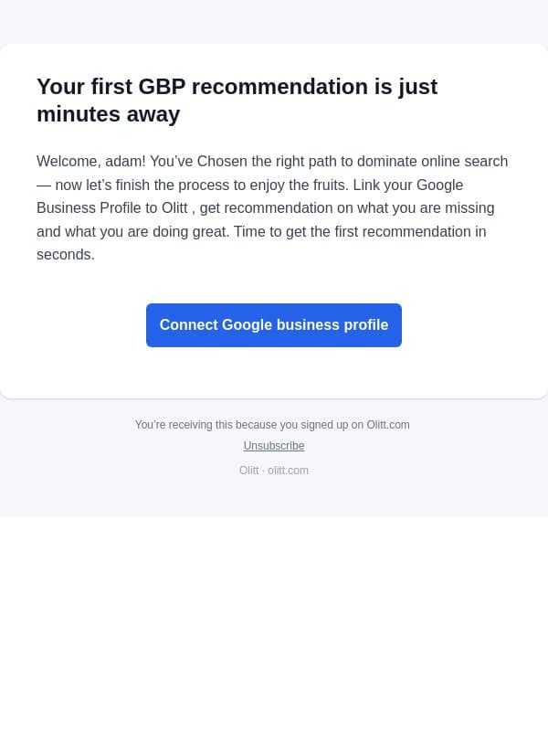 Complete the Google business profile connection email from Olitt screenshot