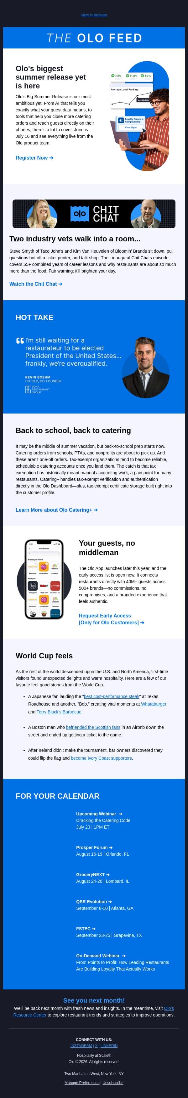 Big summer release. Big feelings about the World Cup. email from Olo screenshot