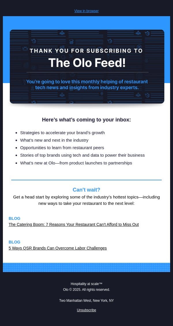 Thank you for subscribing to The Olo Feed email from Olo screenshot