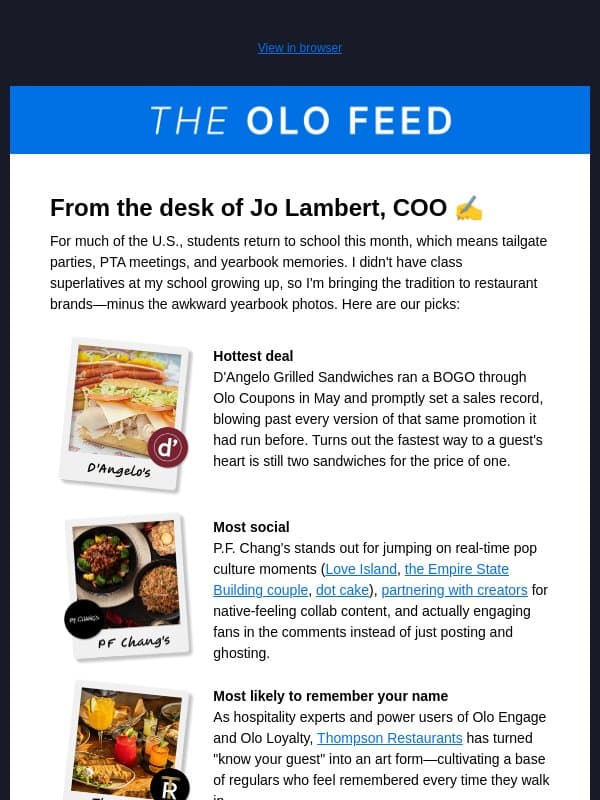 Yearbook superlatives, but for restaurant brands email from Olo