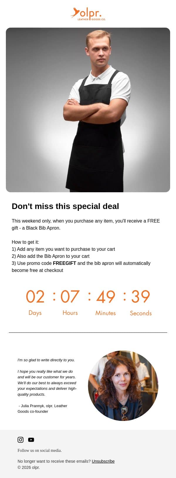 🎁 Free Apron With Every Purchase ! This Weekend Only ! email from OLPR screenshot