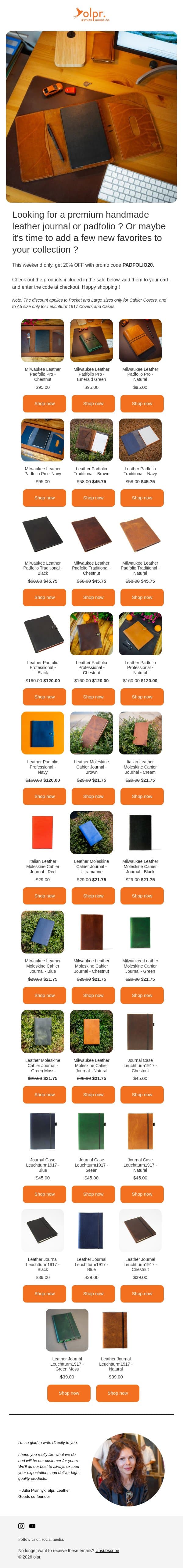 📚 20% OFF This Weekend - Stock Up on Padfolios & Journals ! email from OLPR screenshot