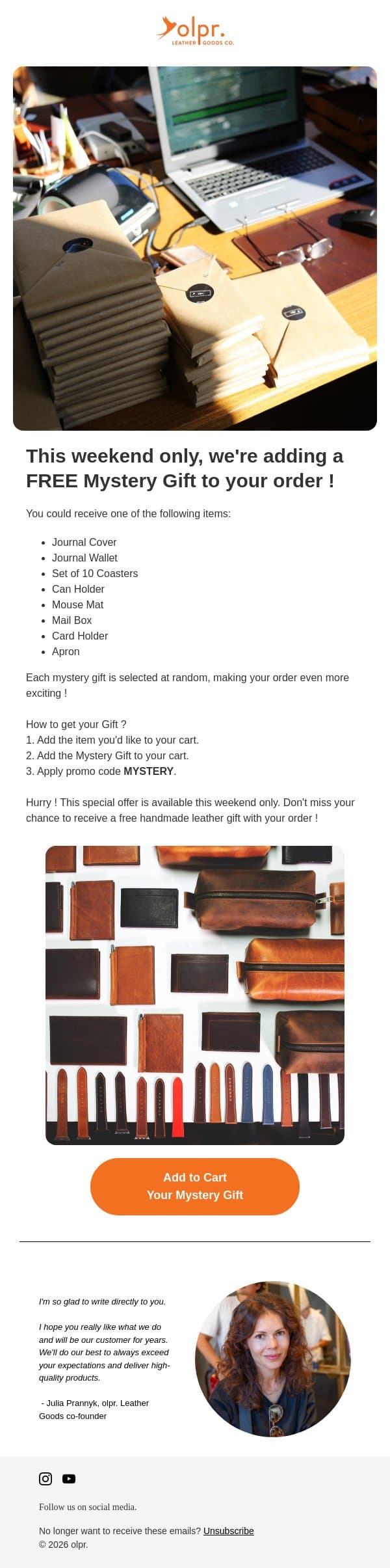 🎁 FREE Mystery Gift with Every Order - This Weekend Only ! email from OLPR screenshot