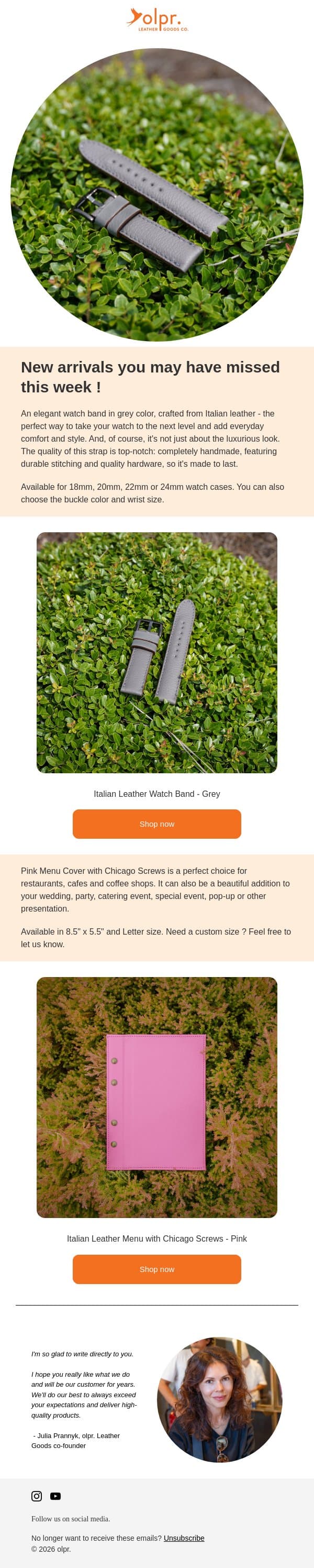 🌸 New Arrivals ! Grey Watch Band & Pink Menu Cover email from OLPR screenshot