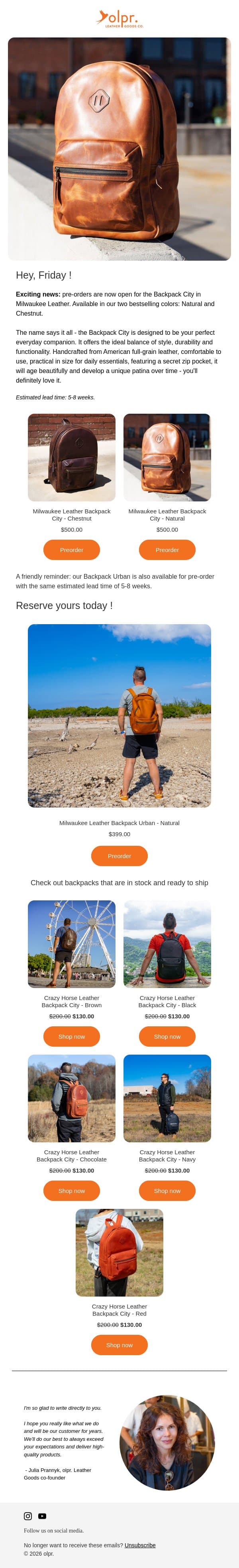 🔥 Pre-Order is Now Open: Backpack City in Milwaukee Leather ! email from OLPR screenshot