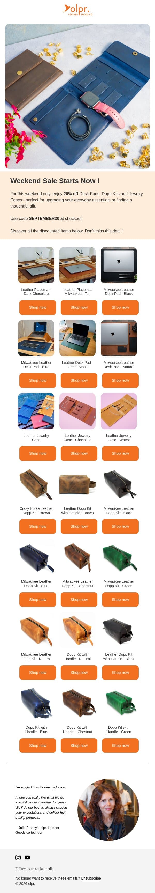 September Sale ! 20% OFF Desk Pads, Dopp Kits & Jewelry Cases email from OLPR screenshot