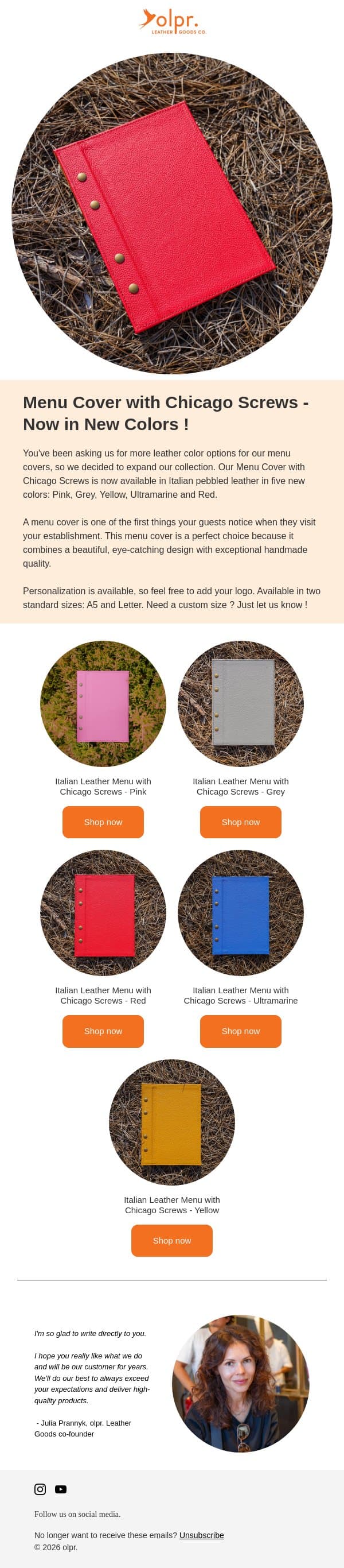 Exciting New Products - Bright Italian Leather Menu Covers ! email from OLPR screenshot