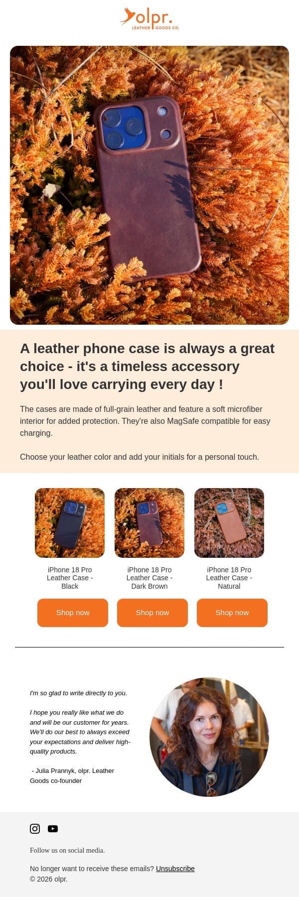 Upgrade Your iPhone 18 Pro or Pro Max with a Leather Case ! email from OLPR screenshot