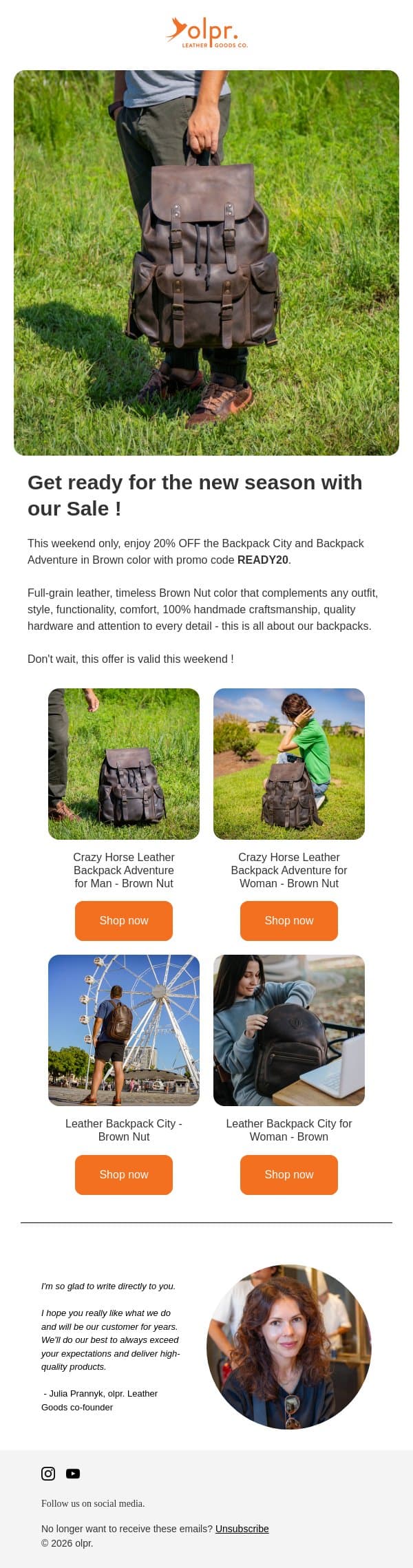 🎒 Ready to School Sale: Save 20% on Best-Selling Leather Backpacks ! email from OLPR screenshot