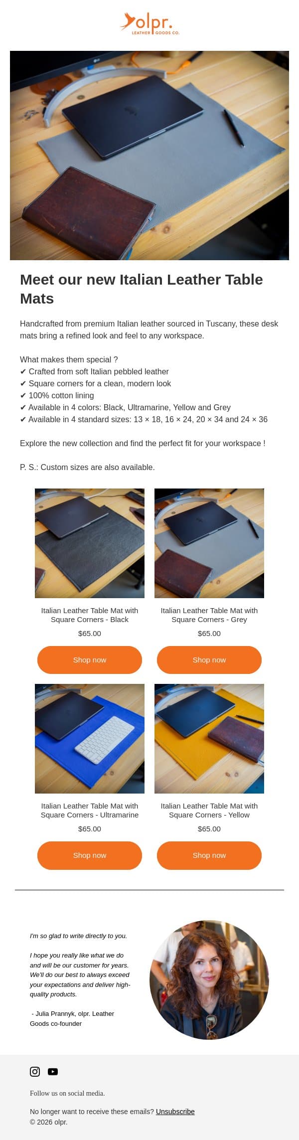 🤩 New Italian Leather Table Mats Are Here ! email from OLPR screenshot