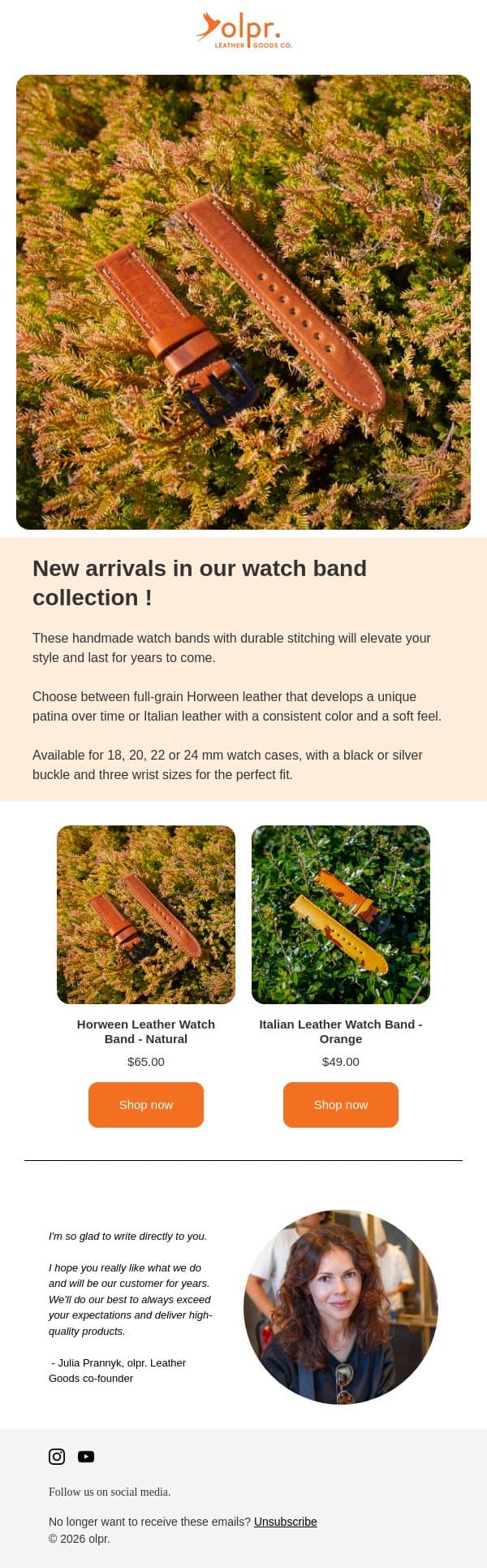 Meet Our New Horween & Italian Leather Watch Bands ! email from OLPR screenshot