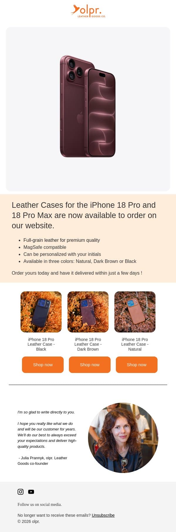 NEW: Leather Cases for iPhone 18 Pro and 18 Pro Max email from OLPR screenshot