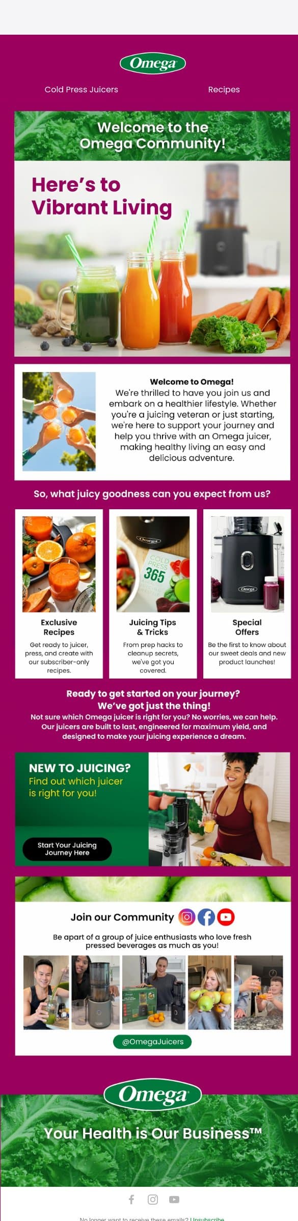 Welcome Aboard! Let’s Juice It Up! email from Omega screenshot