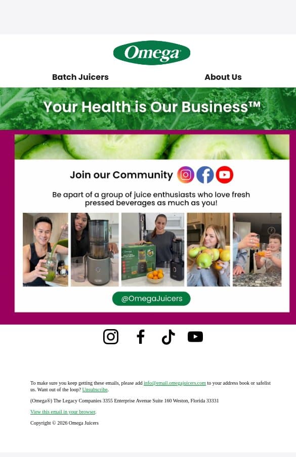 Stay Connected: Follow Us for Juicing Tips! email from Omega screenshot