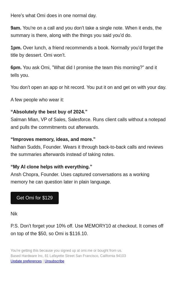 What a day with Omi looks like email from Omi screenshot