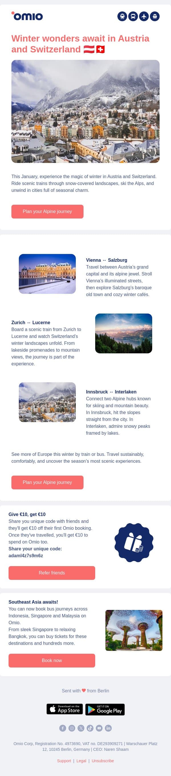 🇦🇹🇨🇭 Explore Austria & Switzerland email from Omio screenshot