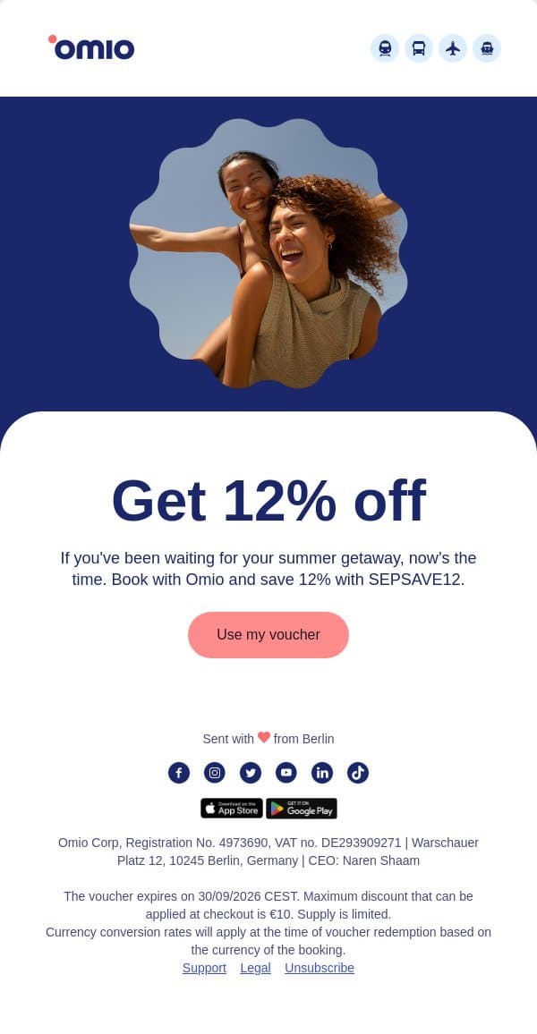 Final days for 12% off 👀 email from Omio screenshot