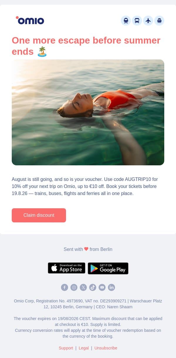 Adam, Make the most of summer with 10% off 🌴 email from Omio screenshot