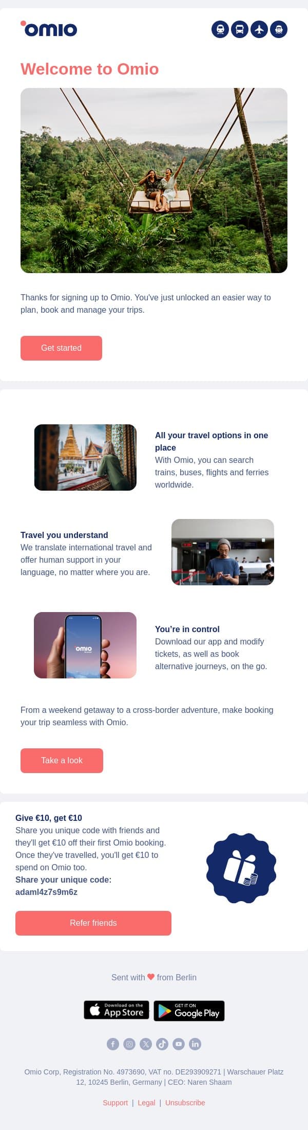 Welcome to easier travel 💙 email from Omio screenshot