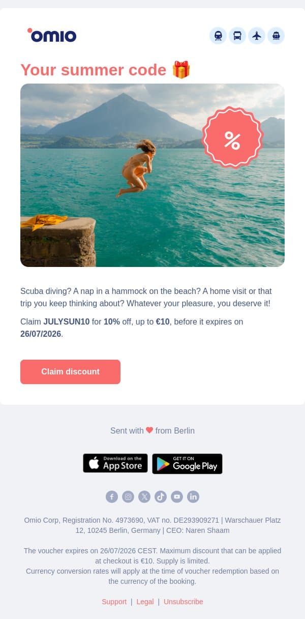 Summer travel for 10% less 🔥 email from Omio screenshot