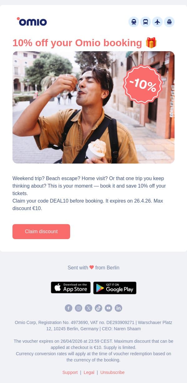 Adam, Your 10% off is ready to be claimed 🎉 email from Omio screenshot