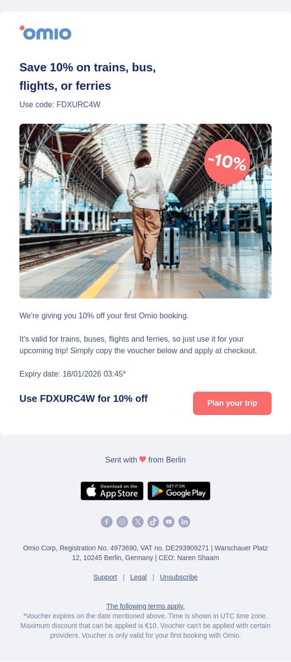 A discount for you! email from Omio screenshot