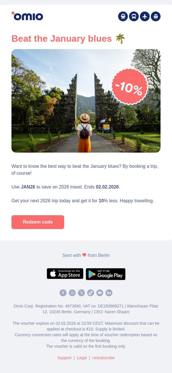 Adam, Happy new 10% off 🥳 email from Omio screenshot