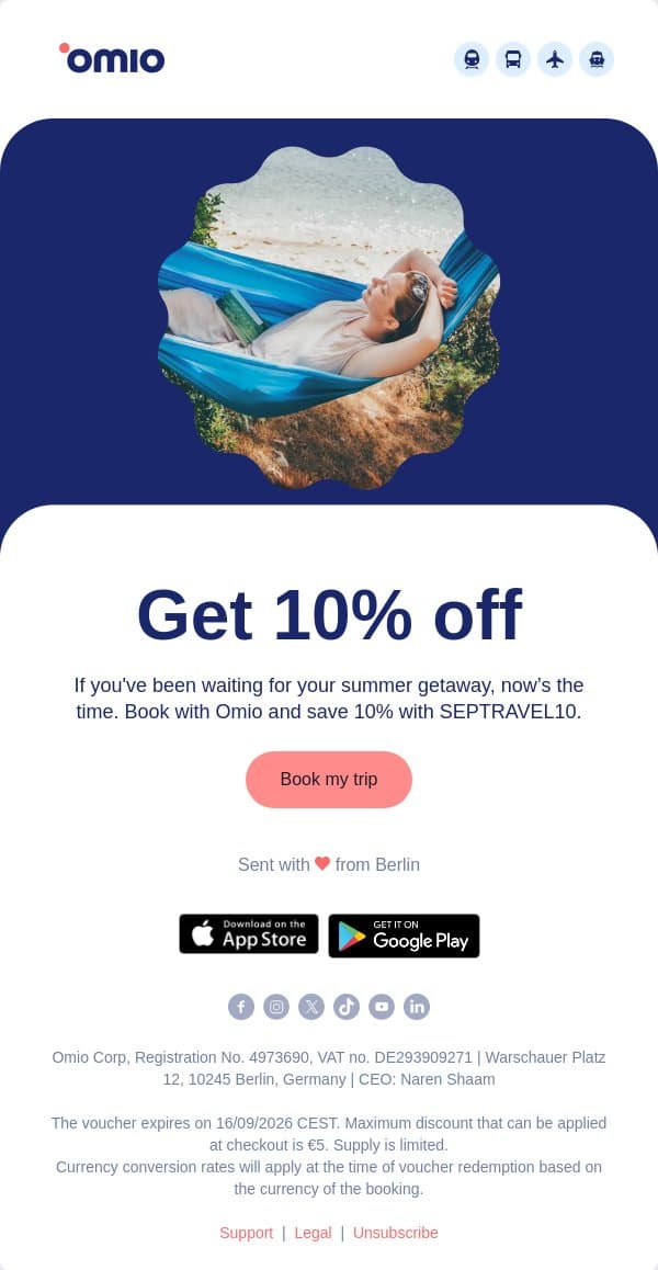 10% off late summer trips email from Omio screenshot