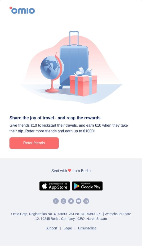 Got a friend? Get €10! email from Omio screenshot
