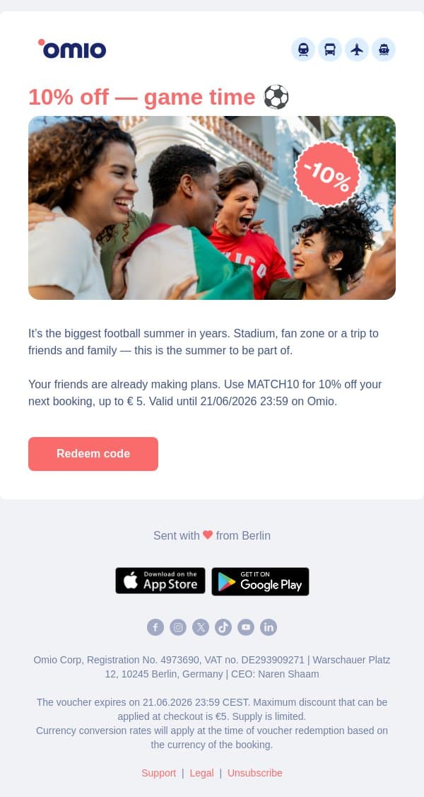 10% off—game time ⚽ email from Omio screenshot