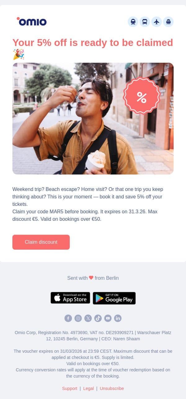 Adam, 5% off your Omio booking 🎁 email from Omio screenshot