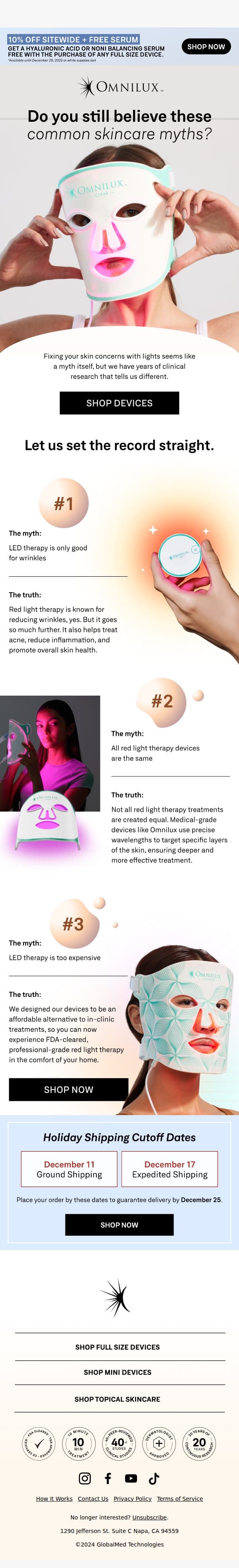 We’re debunking skincare myths 👉 email from Omnilux screenshot