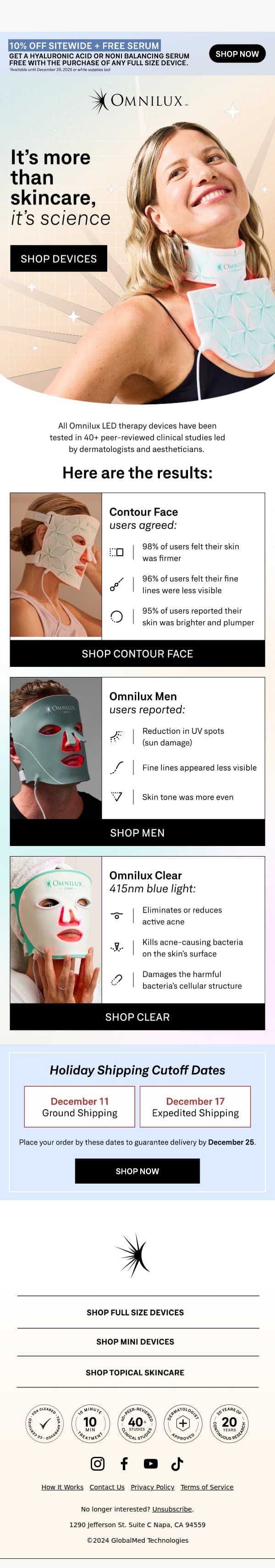Clinically tested. Dermatologist approved. email from Omnilux screenshot