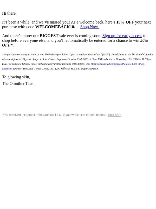 It’s Been A While. Here’s 10% OFF. email from Omnilux screenshot
