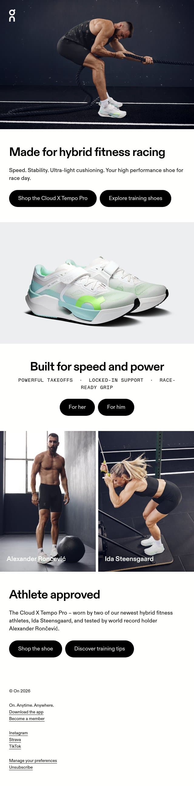New: The Cloud X Tempo Pro email from On screenshot