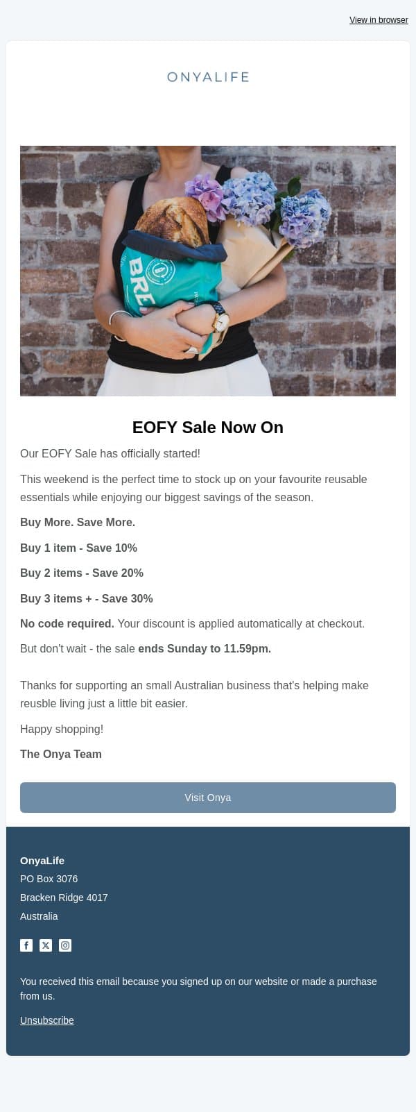 EOFY Sale Now On! email from Onya screenshot