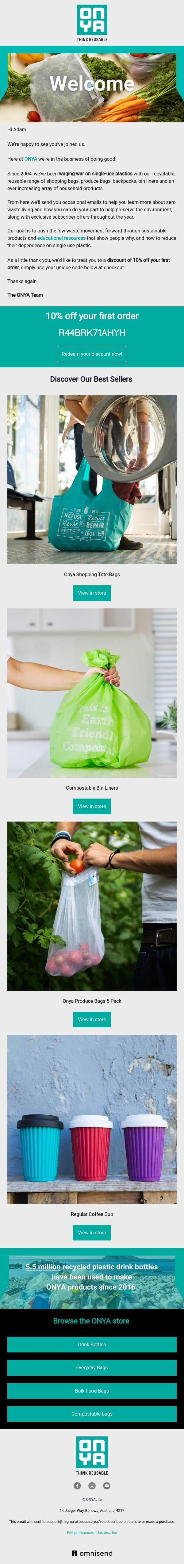 Welcome to Onya Life ♻️ email from Onya screenshot