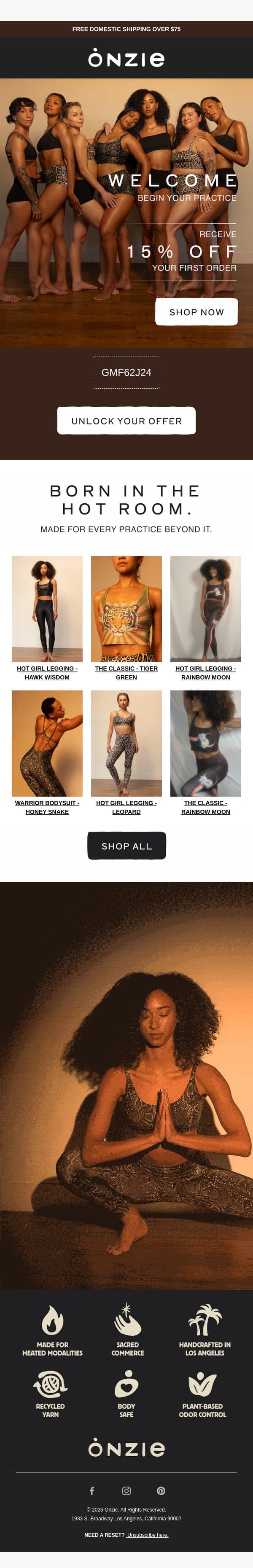15% Off Your First Order Starts Here email from Onzie screenshot